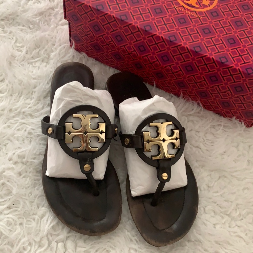 Tory Burch Miller metal logo sandals dark brown